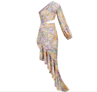 One-Shoulder Long Sleeve  Slit Long Dress