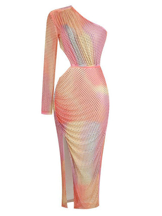 Rainbow Radiance One Shoulder Long Sleeve Midi Dress