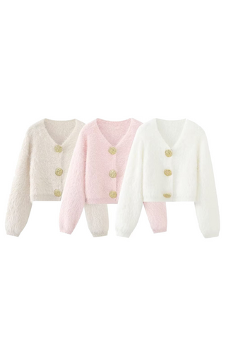 Long Sleeve Fluffy Knit Cardigan with Gold Button Detail