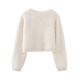 Long Sleeve Fluffy Knit Cardigan with Gold Button Detail