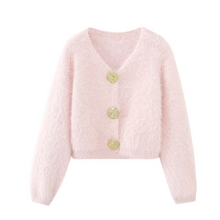 Long Sleeve Fluffy Knit Cardigan with Gold Button Detail