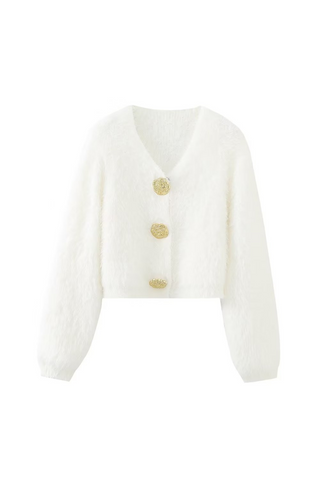 Long Sleeve Fluffy Knit Cardigan with Gold Button Detail
