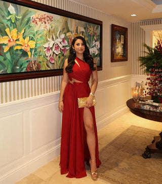 One-Shoulder Draped Long Dress with Side Cutout & Gold Ring Design