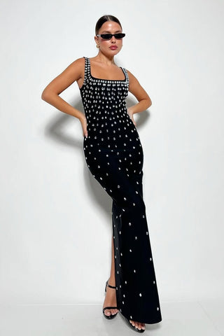 Luxury Rhinestone U-Neck Sleeveless Bandage  Elegant Bodycon Fit Long Dress