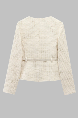 Belted Textured Tweed Suit Jacket – Elegant Button-Front Blazer with Pocket Detail