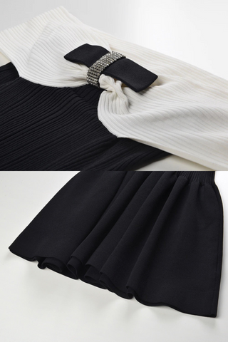 Off-Shoulder Bow Detail Ribbed Knit Mini Dress