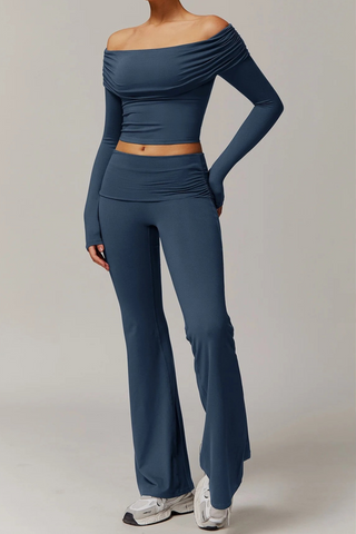 Off-Shoulder Long-Sleeve Sport Top & Flare Pants Set