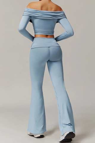 Off-Shoulder Long-Sleeve Sport Top & Flare Pants Set