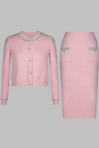 Long-Sleeve Knit Embellished Cardigan & High-Waist Pencil Midi Skirt Set
