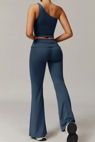 Padded One-Shoulder Sport Set with Flared Pants
