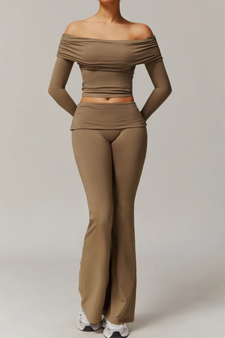 Off-Shoulder Long-Sleeve Sport Top & Flare Pants Set