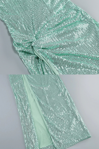 Mint Sequin Bodycon Long Dress with Spaghetti Straps and Thigh-High Slit