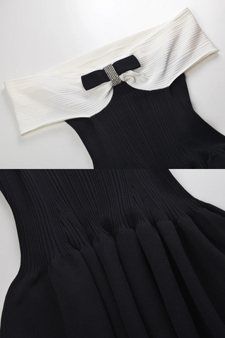 Off-Shoulder Bow Detail Ribbed Knit Mini Dress
