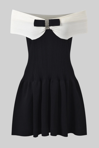 Off-Shoulder Bow Detail Ribbed Knit Mini Dress