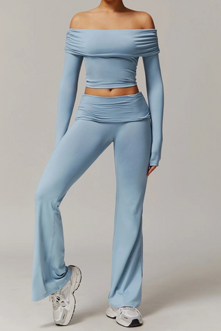 Off-Shoulder Long-Sleeve Sport Top & Flare Pants Set