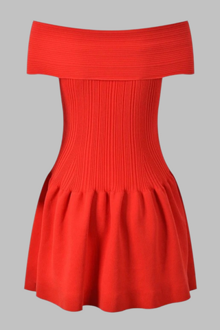 Off-Shoulder Bow Detail Ribbed Knit Mini Dress