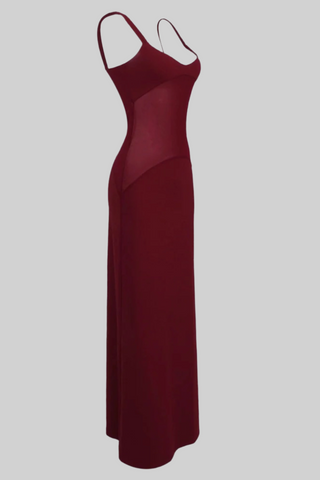 Burgundy Sheer Panel Spaghetti Strap Long Dress