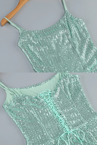 Mint Sequin Bodycon Long Dress with Spaghetti Straps and Thigh-High Slit