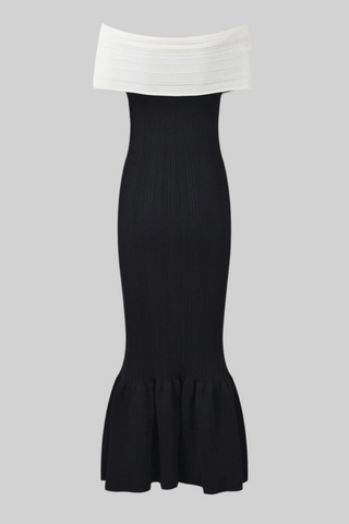 Off-Shoulder Bow Detail Ribbed Knit Long Dress