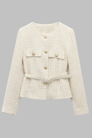 Belted Textured Tweed Suit Jacket – Elegant Button-Front Blazer with Pocket Detail