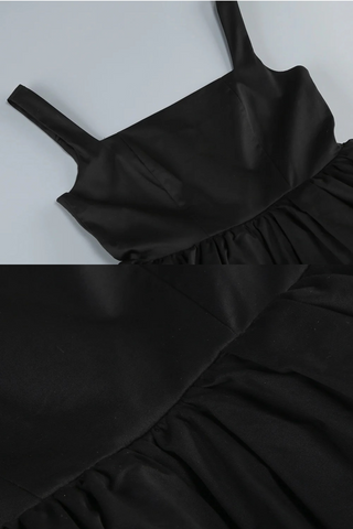 Sleeveless Black Square Neck Mini Dress with Layered Ruffle Skirt