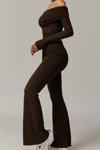 Off-Shoulder Long-Sleeve Sport Top & Flare Pants Set