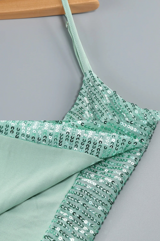 Mint Sequin Bodycon Long Dress with Spaghetti Straps and Thigh-High Slit