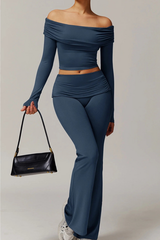 Off-Shoulder Long-Sleeve Sport Top & Flare Pants Set