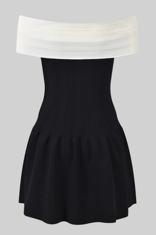 Off-Shoulder Bow Detail Ribbed Knit Mini Dress