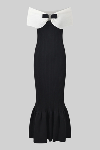 Off-Shoulder Bow Detail Ribbed Knit Long Dress