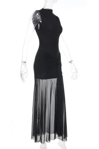 Sleeveless High-Neck Sheer Maxi Dress with Ruched Mesh Overlay