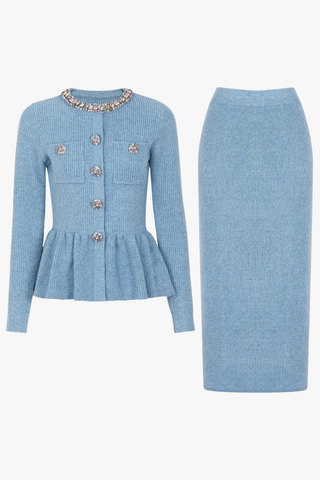 Ribbed Knit Long Sleeve Peplum Top & Midi Skirt Set