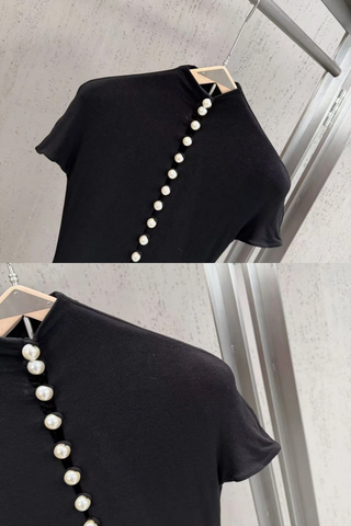 Pearl Button High Neck Short Sleeve Cutout Long Dress