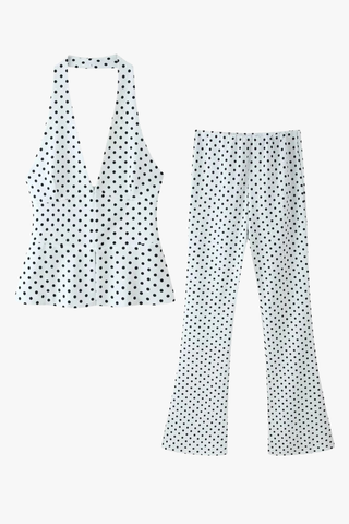 Polka Dot Polyester Halter Neck Sleeveless Top & Flared Pants Set