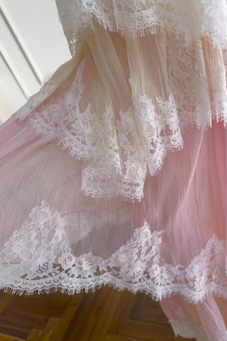 Tiered Lace Long Dress – Layered Ruffle Design, Crisscross Back & Flowy Fit