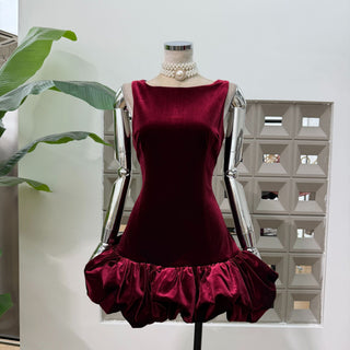 Sleeveless Burgundy Velvet Mini Dress with Bubble Hem Design