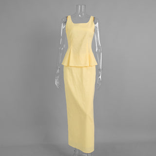 Sleeveless Linen-Blend Peplum Top & Long Skirt Co-Ord Set with Lace-Up Back