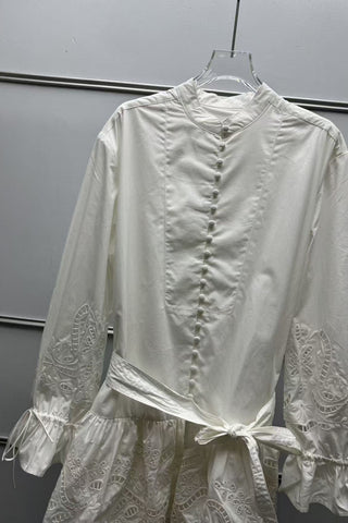 Embroidered Tie-Waist Ruffle Long Sleeve Mini Dress