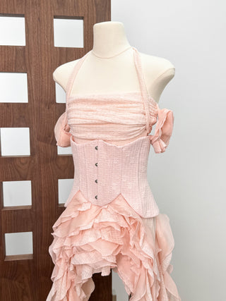 Corset Halter Asymmetric Ruffle Long Dress with Lace-Up Back