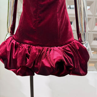 Sleeveless Burgundy Velvet Mini Dress with Bubble Hem Design