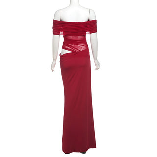Off-Shoulder Ruched Mesh Cut-Out Long Dress