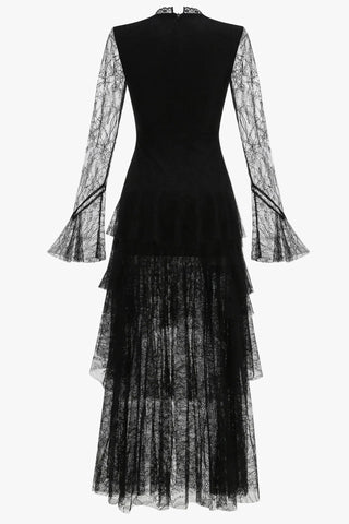 Tiered Lace Ruffle Long Dress with Flared Sleeves