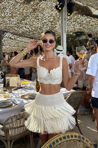 Crochet Bustier Top & Fringe Mini Skirt Set