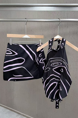 Abstract Swirl Print Satin Halter Top & High-Waisted Mini Skirt Set