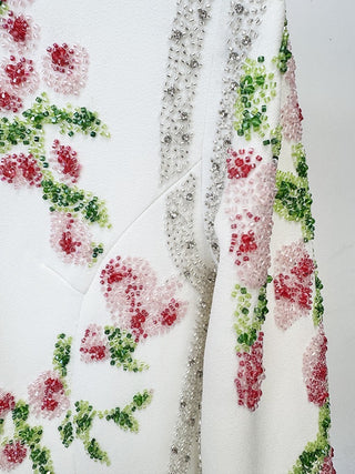 Floral Beaded Long Sleeve Long Dress with Crystal Embellishment
