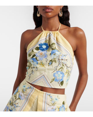 Floral Print Satin Halter Top & High-Waisted Shorts Set