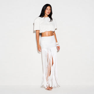 Fringe Long Sleeve Crop Top & High Waist Long Skirt Set
