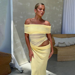 Off-Shoulder Ruched Mesh Cut-Out Long Dress