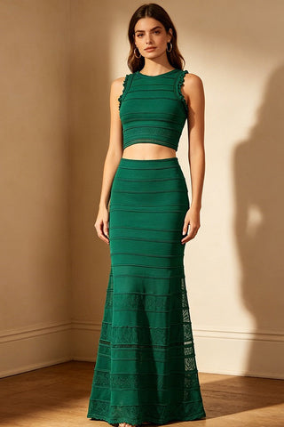Premium Knit Sleeveless Lace Trim Crop Top & Long Skirt Set