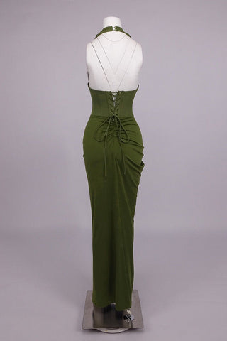 Halter Neck Corset Sleeveless Long Dress with Draped Slit